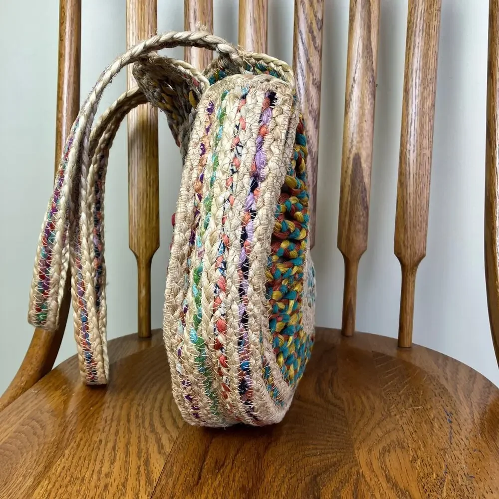 Boho Colorful Recycled Woven Jute Bag Circle Shaped Shoulder Tote Beach Bag